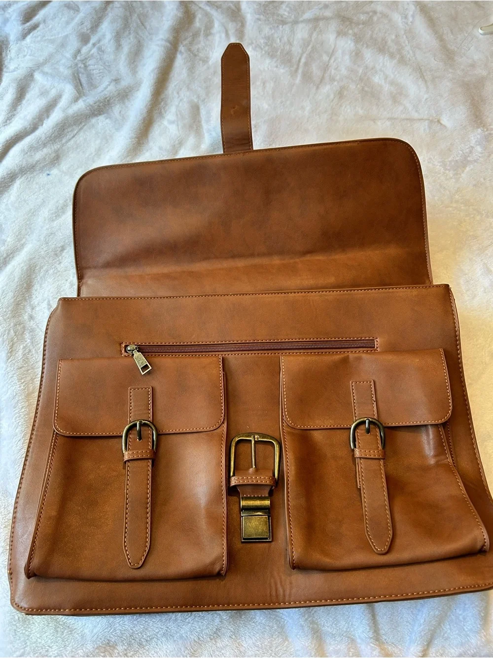 Men's Tan Leather Briefcase with Dual Front Pockets